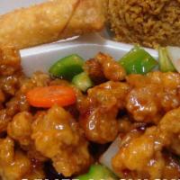 # 8   General Tso Chicken (Hot) · Breaded chicken cooked with green peppers, onions and carrots in a honey glazed spicy sweet ...