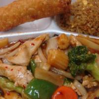 # 9   Szechuan Chicken(Hot) · White meat of chicken cooked with green peppers, babycorns, onions, carrots, and veggies in ...