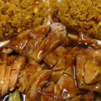 Bourbon Chicken W. Rice · Grilled Chicken topped with brown bourbon sauce served with seasoned egg fried rice