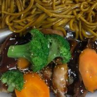 Terriyaki Chicken W. *Noodles · Grilled seasoned chicken sliced thin, on a bed of sauteed lo mein soft noodles with broccoli...