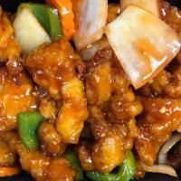 (Lg) General  Tso Chicken  (Hot) · Breaded chicken sautéed with onions, green peppers and carrots in a glazed sweet general sau...
