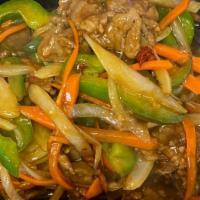 Mongolian  Beef  (Hot)(Lg) · Sliced thin marinated beef pan fried with white onions , green pepper, and sliced carrots in...