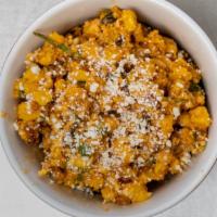 Elote Corn Salad · An ode to Mexican street corn, roasted corn, chili lime mayo, fresh cilantro and crumbled co...