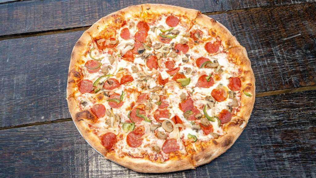 New Yorker · Pepperoni, sausage, mushrooms, sautéed onions, green peppers.