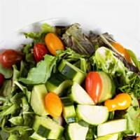 House Salad · Fresh green lettuce mix, tomatoes, black olives, red onions, bell peppers, cheese. Served wi...