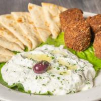 Falafel Appetizer · Our healthy vegetarian appetizer served with our homemade tzatziki and pita bread.