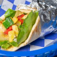 Vegetarian Pita · Grilled yellow and green zucchini, eggplant and roasted red peppers with romaine lettuce, an...