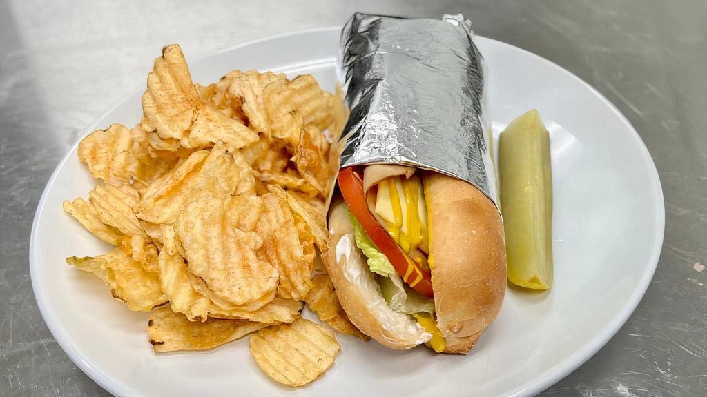 Deli Turkey Baguette · Hickory-smoked turkey deli slices, provolone, romaine lettuce, tomatoes, pickles, mustard and mayo on a toasted french baguette. Served with kettle chips.