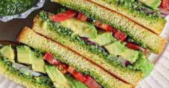 Fresh Avocado, Cheese & Pesto Sandwich · GF Available - Garlic basil pesto, provolone cheese, tomato, and avocado on sliced brioche ...