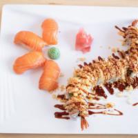 Shrimp Tempura Roll (8 Pcs) · Shrimp tempura, cucumber and avocado, topped with crab salad, spicy mayo, eel sauce and crun...