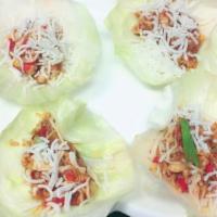Stuffed Lettuce (4) · Chopped chicken or shrimp stir fried with red bell pepper, water chestnut and tofu in a ligh...