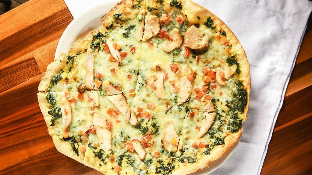 L Chicken Florentine · Favorite. Parmesan spinach, grilled chicken, diced tomatoes, mozzarella, and fontina cheese.