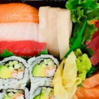 Sushi & Sashimi Combo · Contains Raw Fish. Four pieces sushi and nine pieces sashimi with spicy tuna roll, chef's ch...