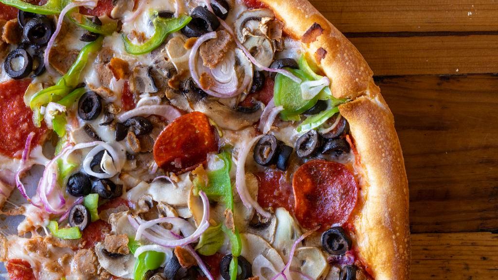 Sal'S Supreme Pizza · Pepperoni, sausage, mushrooms, green peppers, red onions and black olives.