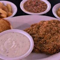 Country Fried Steak · Served with two sides and bread.