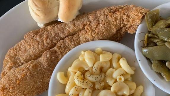 Catfish Fillet Plate · Hand-battered and deep-fried catfish served with two sides and bread.