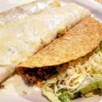 Soft Or Fried Chimichanga · Filled with your choice of ground beef or shredded chicken.  Served with guacamole, salad, r...