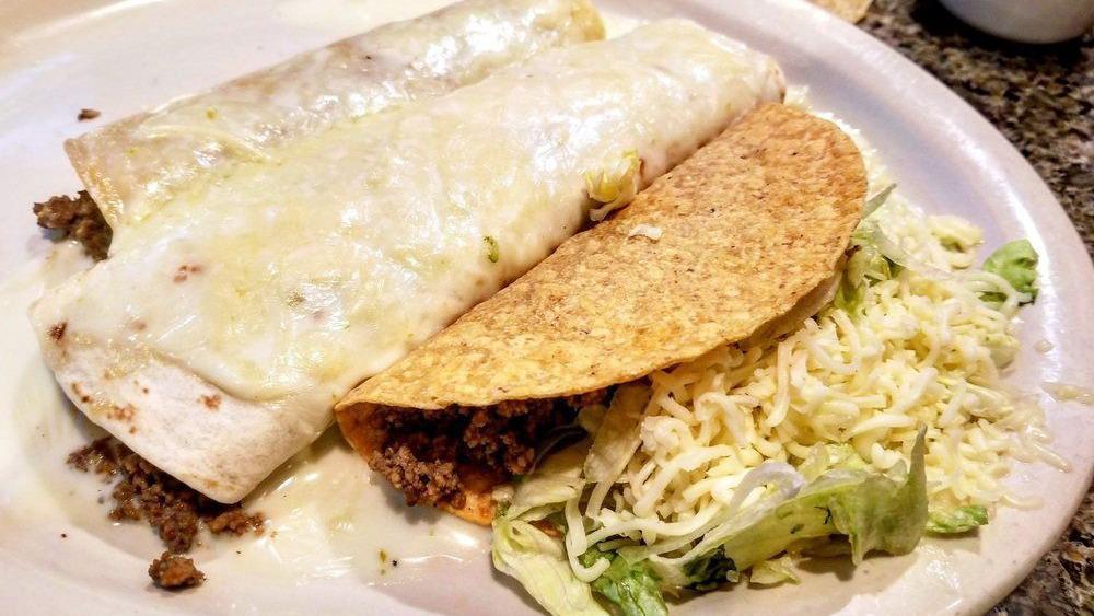 Soft Or Fried Chimichanga · Filled with your choice of ground beef or shredded chicken.  Served with guacamole, salad, rice and beans.