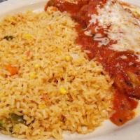 Huevos Con Chorizo · Two scrambled eggs cooked with Mexican sausage.  Served with rice, beans and three flour tor...