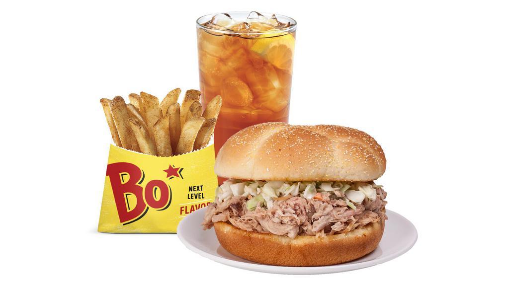 Pulled Pork Bbq Sandwich (Combo) · Authentic Eastern North Carolina pulled pork BBQ topped with coleslaw and served inside a toasted bun, served as a combo with choice of one home-style fixin' and a drink.