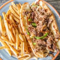Philly Cheesesteak · Green peppers, onion, mushrooms, and cheese sauce on a toasted hoagie roll.