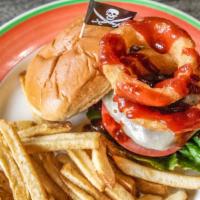 Cowboy · Premium Angus chuck and short rib burger patty with onion rings, bacon, provolone cheese and...