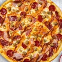 Meat Lovers Pizza · Certified gluten free dough topped with red sauce, pepperoni, salami, canadian bacon, and ou...