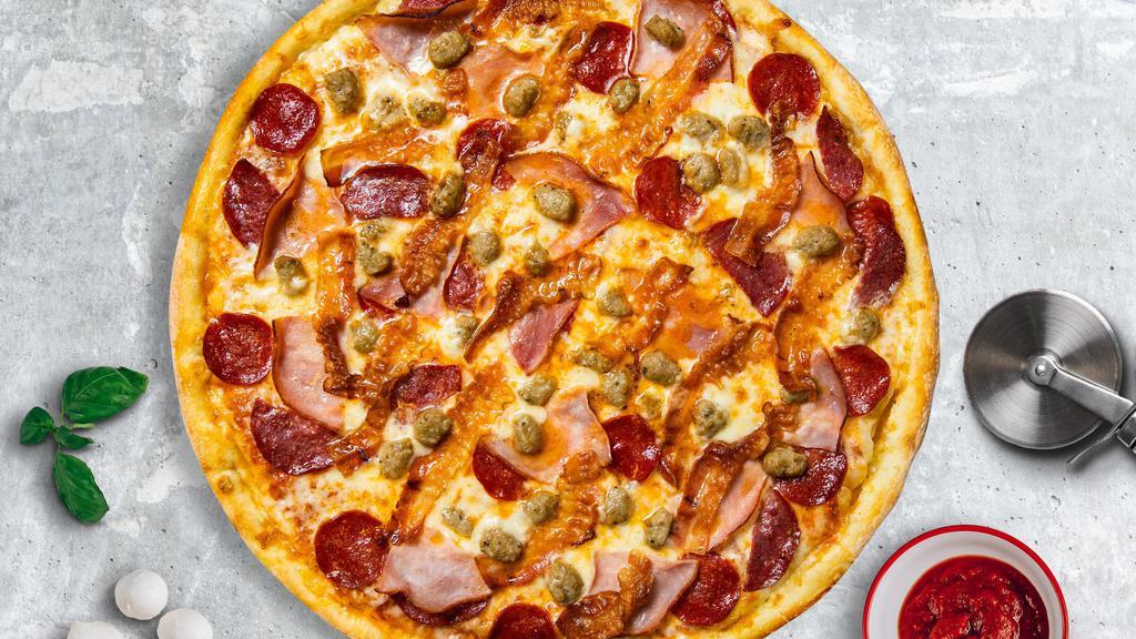 Meat Lovers Pizza · Certified gluten free dough topped with red sauce, pepperoni, salami, canadian bacon, and our house cheese blend