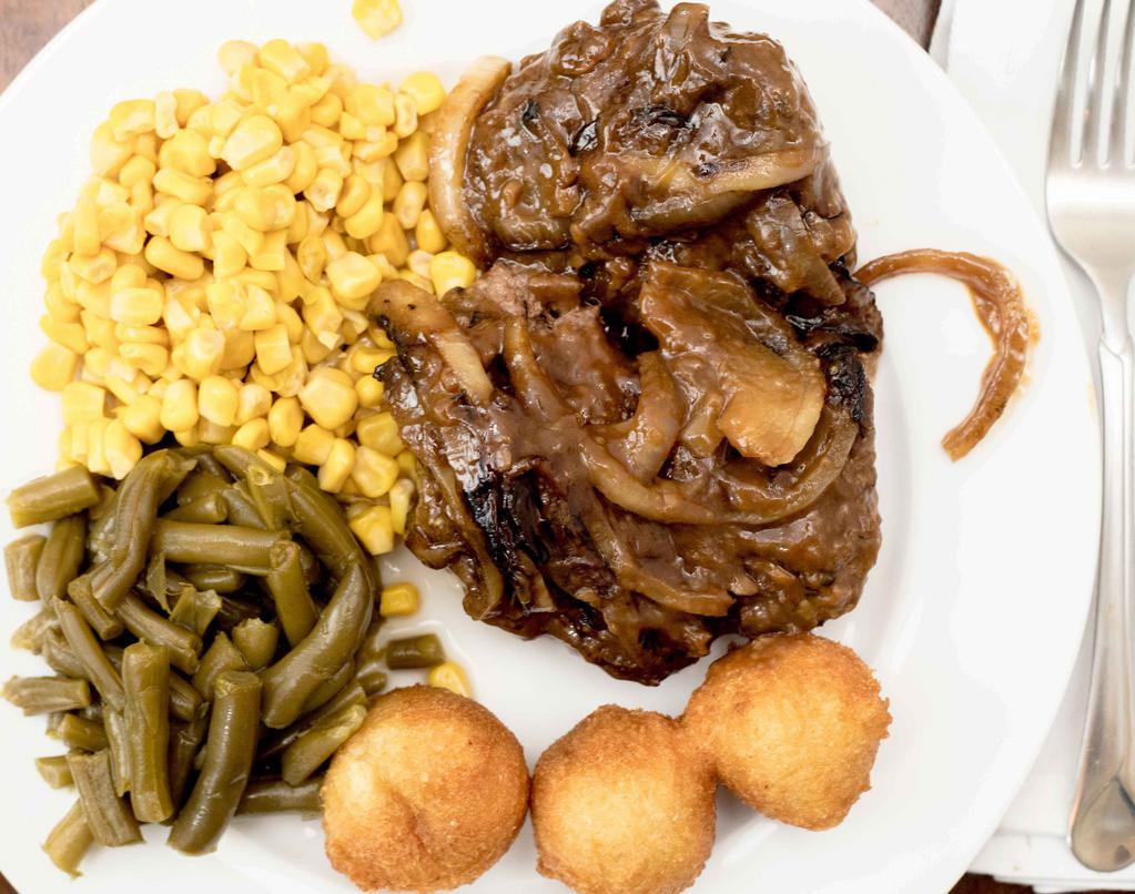 Hamburger Steak (8 Oz.) · With grilled onions and gravy and 2 sides.