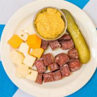 Landjäger · A jerky/salami-style snack served with spicy mustard and cheese.