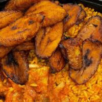 Jollof Rice With Chicken · Served with your choice of plantains or cabbage or coleslaw