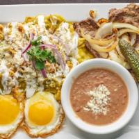 El Patrón* · Chicken chilaquiles, 2 eggs, refried beans and carne asada. Consuming raw or undercooked mea...
