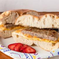 Sausage Egg Cheese Bagel · Pork sausage patty with egg and cheese— select bagel type.