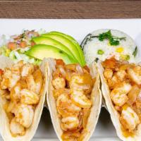 Shrimp Tacos · 3 grilled shrimp tacos with pico de gallo. Served with white rice and avocado salad.