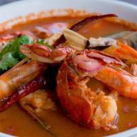 Caldo 7 Mares · A soup with crab legs, mussels, octopus, shell shrimp, fish, and scallops.