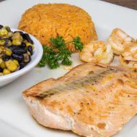 Salmon & Shrimp · Salmon filet and 1/2 dozen grilled shrimp. Served with fiesta black beans, rice, or steamed ...