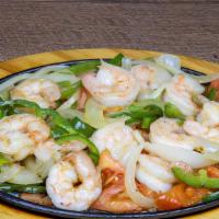 Shrimp Fajitas · Shrimp with onions, tomatoes, and bell peppers. Served with rice, guacamole salad, sour crea...