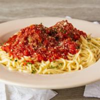 Spaghetti Meatball · Classic Italian spaghetti with marinara sauce served with freshly baked breadsticks, with ma...