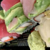 Rainbow Deluxe · cucumber & crab salad roll topped
w/ king salmon, bluefin tuna, kampachi,
avocado, scallions...