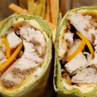 2 Eggs, Cheddar & Chicken · Two eggs, cheddar, and chicken grilled in a spinach or whole wheat wrap.