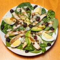 California Cobb Salad · Roasted, all-natural, antibiotic/hormone-free chicken, spinach, avocado, pecan-smoked bacon,...