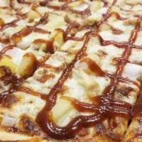 Bbq Chicken Pizza · Barbecue sauce, chicken, mozzarella cheese, and onion.