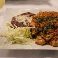 Pollo Margarita'S · Grilled chicken breast topped with shrimp and chorizo-cheese sauce. Served with guacamole, s...