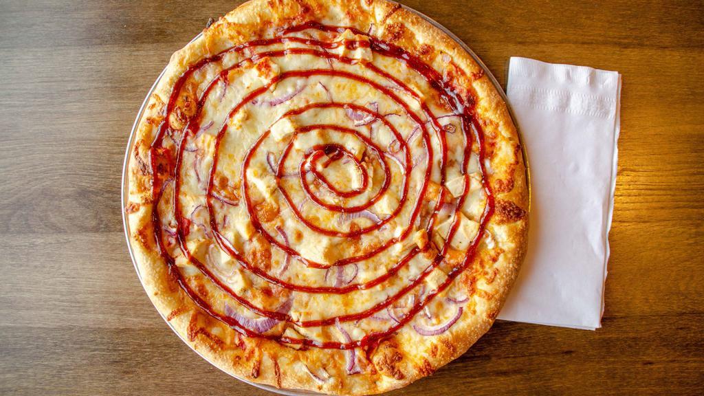 Bbq Chicken · A southern pizza drizzled with BBQ sauce, red onions and grilled chicken. 310-410 cal. per slice.