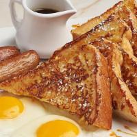 Caramel French Toast & Eggs · Powdered sugar, salted caramel drizzle, farm fresh Amish eggs any style, choice of meat.