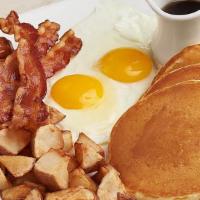 Lumberjack Breakfast · Silver dollar pancakes (instead of biscuit), farm fresh Amish eggs any style, two choices of...