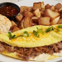 Philly Steak Omelette · Sliced ribeye, caramelized onions, white American cheese, jack cheddar, scallions, served wi...
