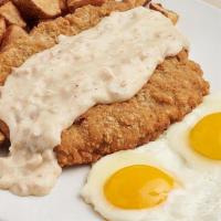 Country-Fried Steak & Eggs · Breaded steak, with sausage gravy, farm fresh Amish eggs any style.