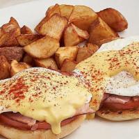 Classic Eggs Benedict · Wolferman’s English muffin, maple ham, tomatoes, cage free Amish eggs over easy, hollandaise...