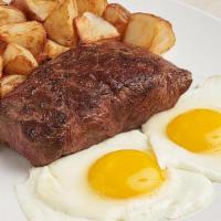 Local Flat Iron & Eggs · Black angus steak, farm fresh Amish eggs any style, home fries